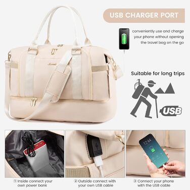 Спортивна сумка Lovevook для подорожей: жіноча дорожня сумка-шопер, сумка для вихідних з косметичкою, відділенням для взуття та мокрих речей, водонепроникна, 37л, бежева