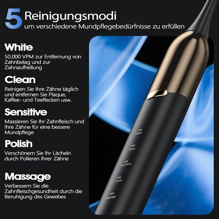 Електрична звукова зубна щітка з 4 насадками та 5 режимами, 50000 VPM, IPX7, таймер 2 хвилини, чорна