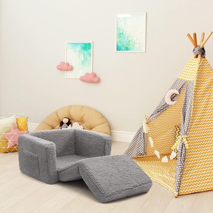 Дитяче диван-ліжко BEJOY 2 в 1, сірий. Зручне крісло-диванчик для дитячої кімнати, подарунок на день народження. Sherpa тканина, висувний диванчик для дітей.