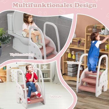 Дитячий триступеневий табурет-сходинка COSTWAY, регульована висота, знімний верхній щабель, неслизьке покриття, 50 кг, рожевий