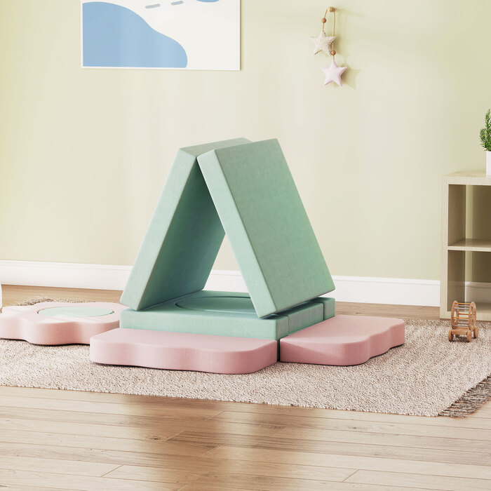 Набір з 12 м'яких блоків для лазіння, конструювання та повзання, ігровий килимок для дому з обтягуванням з тканини, зелений+рожевий