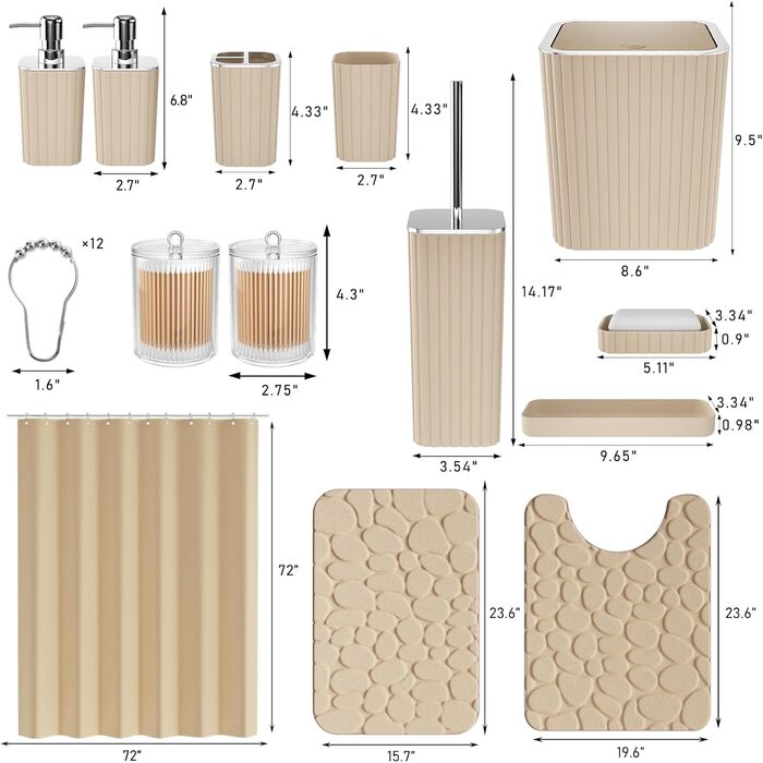 Набір аксесуарів для ванної кімнати, 25 предметів, салатовий, з душовою завісою та килимками