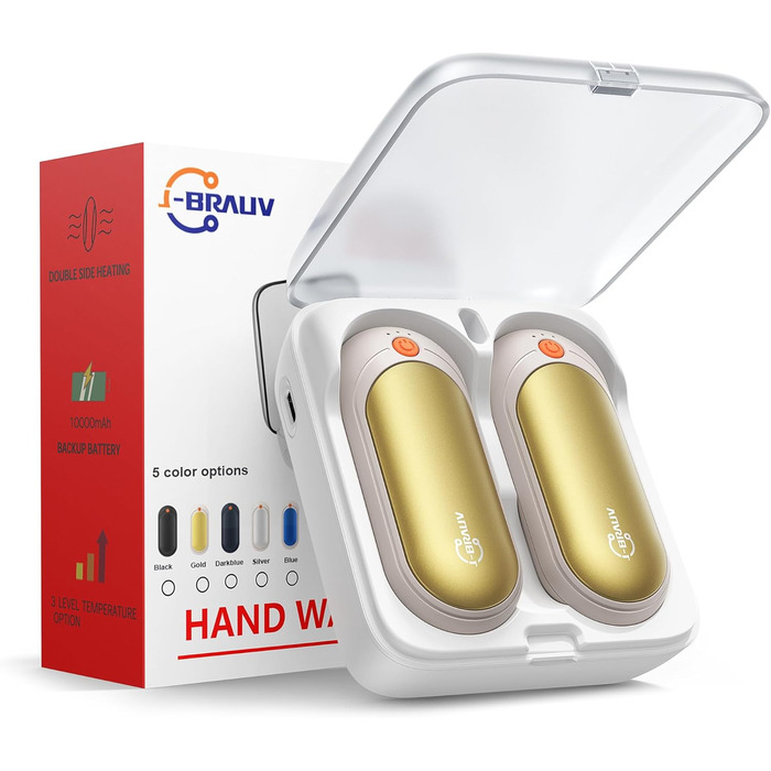 Електричні грілки для рук J-BRAUV 2 шт. 4000mAh з зарядним пристроєм 10000mAh, 3 режими нагріву, USB, до 24 годин, портативні (Золотий)