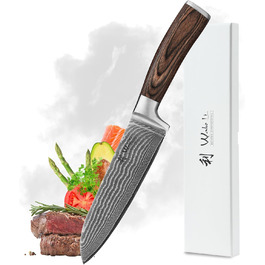 Японський ніж Santoku Wakoli з дамаської сталі (серцевина VG10) 17 см – гострий кухонний ніж для всіх видів нарізок, з ручкою з паккавуду, у подарунковій коробці (без гравію)