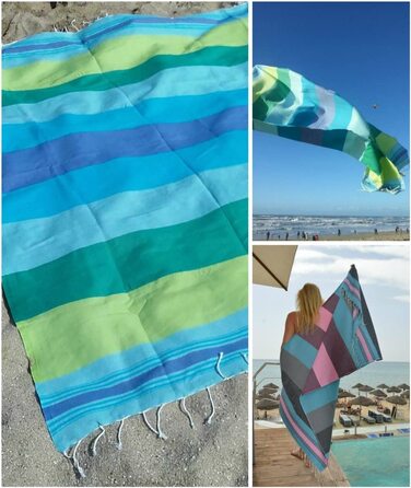 Жіночий хамамовий рушник ZusenZomer Fouta XL 100x190-Хаммам Пляжний рушник Хаммам рушник-100 бавовна з гребенем Oeko-TEX-Fair Trade рушники для хамаму (200 х 200 см, бірюзовий, синій і зелений)