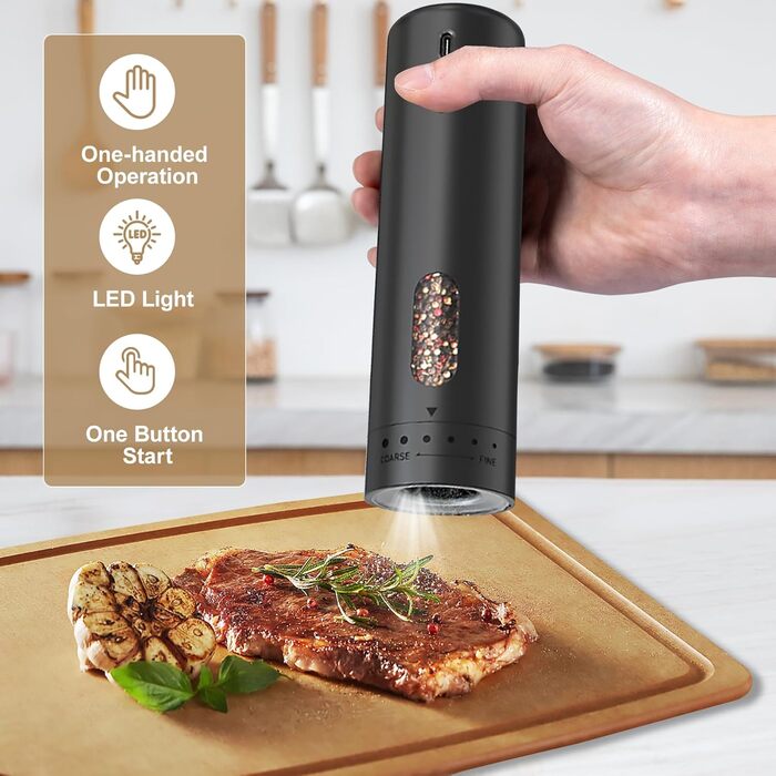 Електричний набір для солі та перцю з зарядною станцією, об'єм 110 мл, перезаряджувана соляна млинка з 5 рівнями, керамічна млинка з щіткою (1 шт, чорний)