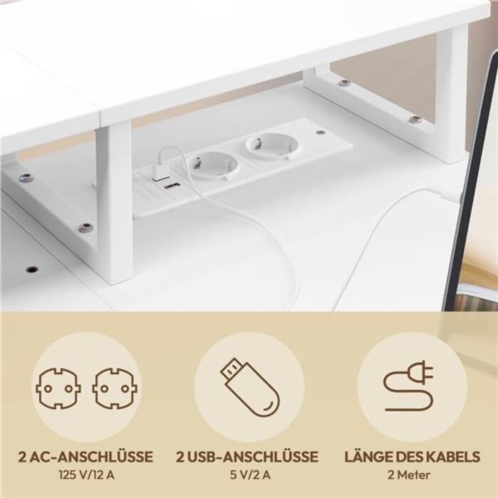 Кутовий стіл Yaheetech L-подібний з розетками, 120 x 68 см, білий. Ігровий стіл з кріпленням для монітора, 4 шухлядами, 2 полицями та кишенькою для зберігання. Для дому та офісу.