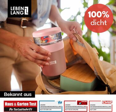 Мюслі-кружка LEBENLANG To Go з ложкою - ізольована чашка з нержавіючої сталі, 650 мл. Чашка для мюслі, йогурту, каші, для дітей та дорослих, рожева, 500 мл + 150 мл