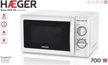 Мікрохвильова піч HAEGER SOUS-CHEF 20 700 Вт, об'єм 20 л, 6 рівнів потужності, функція розморожування, таймер на 30 хвилин, скляне обертове блюдо, 24,5 см