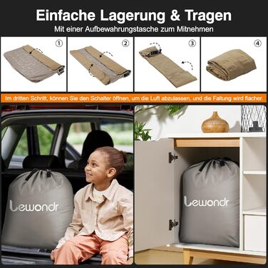 Надувне ліжко Lewondr на 2 особи з вбудованим насосом, 203x152x33 см. З подушкою, самонадувне, для кемпінгу, дому, гостей, подорожей (250 кг MAX), кольору хакі