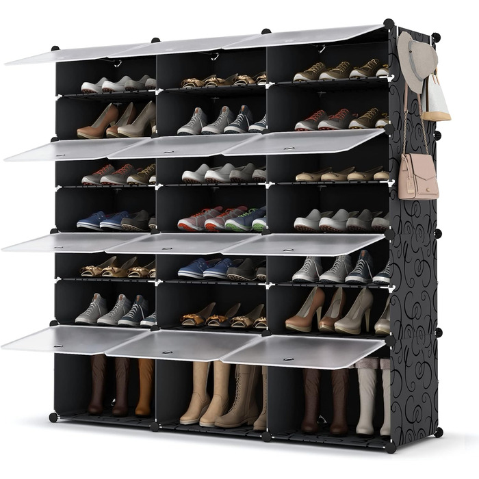 Полиця для взуття, пластиковий органайзер із задніми панелями, стійка до перекидання з гачками, чорна (3x7)