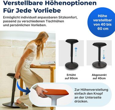 Ергономічний офісний стілець-хокер з регулюванням висоти та ефектом балансування, помаранчевий (40-60 см). Стілець для стоячої роботи, тестувальник, антиковзний.