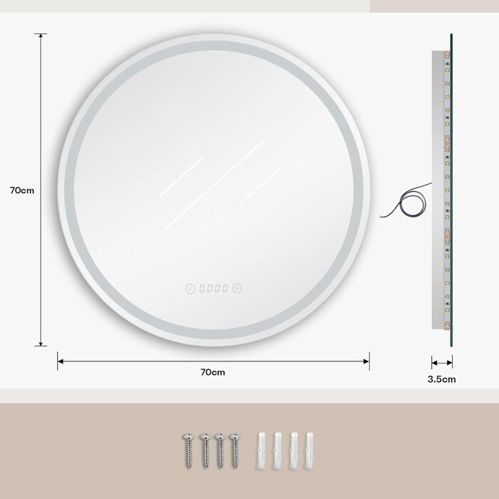 Дзеркало для ванної кімнати Dripex круглої форми з підсвічуванням LED, сенсорне управління, регулювання яскравості, 3 кольори світла, запобігання запотіванню, 50x50 см