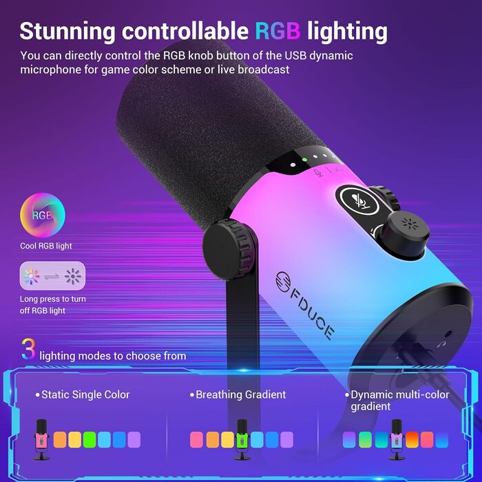 USB/XLR мікрофон для геймінгу та запису голосу FDUCE з RGB підсвічуванням, регулятором посилення та навушником.