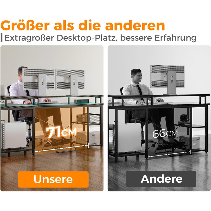 Ігровий стіл ODK з LED-підсвічуванням, 150x102 см, з 2 розетками та 2 USB-портами, кутовий, з підставкою для роутера, карбон, чорний