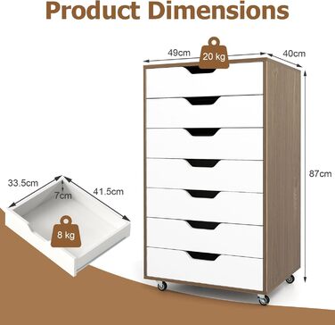 Роликовий контейнер KOMFOTTEU з шухлядами, мобільний офісний шафа, візок для документів, білий, для файлів та паперів (натуральний колір)