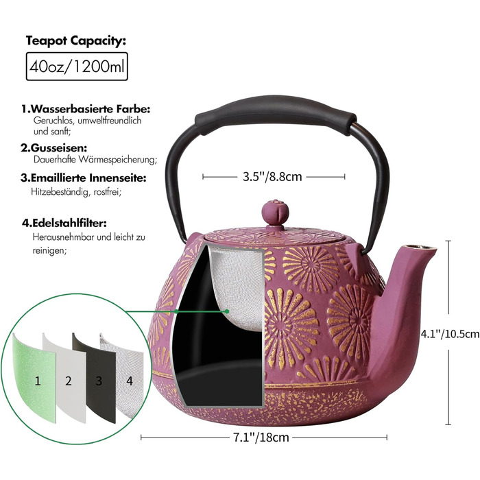 Чайник чавунний MILVBUSISS 1200мл Sakura Design, емальований, для розсипного чаю, зелений (рожевий)