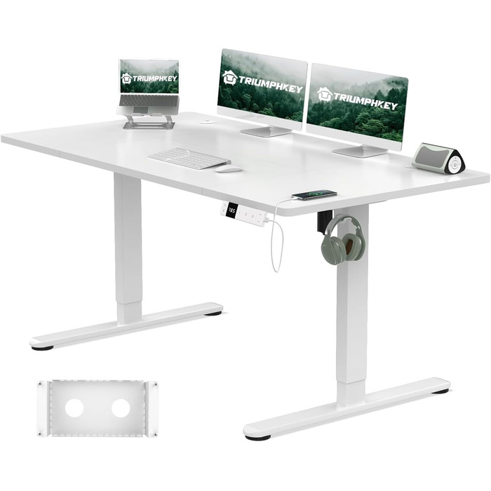Регульований стіл 140x80 см з USB-C зарядкою, органайзером для кабелів та функцією пам'яті, білий