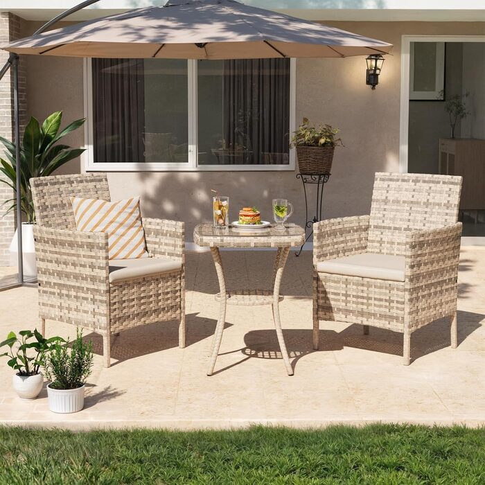 Набір садових меблів UDPATIO Lounge для балкона: стіл та 2 стільці, стійкий до погодних умов, для тераси та саду, поліротанг, 2 особи (кремовий, 3-частинний)