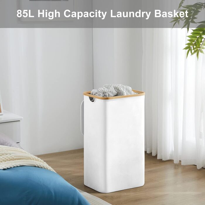 Кошик для білизни Youdenova з кришкою 85л, бамбук та дерево, сортувальник для білизни, великий, складний, білий