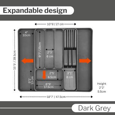 Органайзер для столових приборів nuovva - Регульований лоток для посуду в шухлядах - Розширюваний тримач для столових приборів - Компактний роздільник для ножів, виделок і ложок - Темно-сірий роздільник для столових приборів