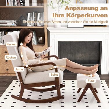 Крісло-гойдалка COSTWAY з пуфом, до 150 кг, бежеве - розслабляюче крісло для вітальні та спальні з дерев'яним каркасом