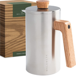 Френч-прес WALDWERK (1 л) - кавоварка з нержавіючої сталі з подвійними стінками і дерев'яною ручкою з дуба-кава без пластику