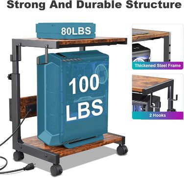 Регульована підставка для комп'ютера Tower з 2-ярусним корпусом ATX, підлоговий стійк, стійка для 3D-принтера з полицями, фіксуючі колеса, сумісна з більшістю комп'ютерів (темно-коричневий, W44 x D30 x H44-59.5cm)