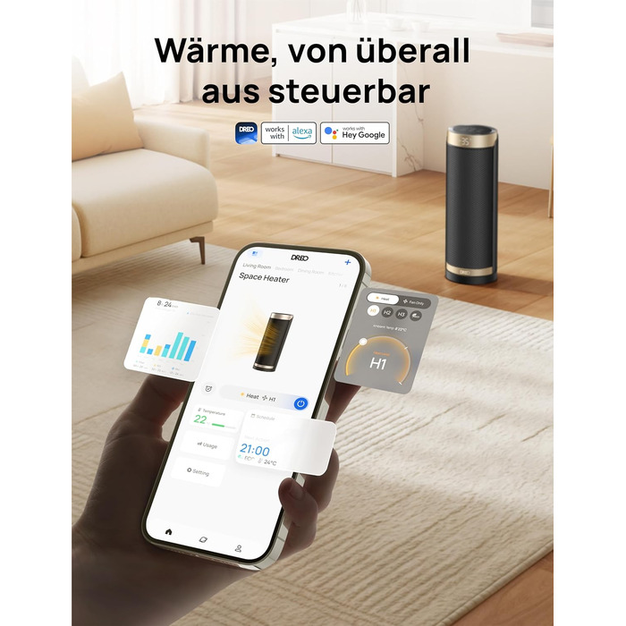 Електричний обігрівач Dreo Solaris Slim H3 з PTC-керамічним нагрівом, Wi-Fi, 3 режими, 3 швидкості, 12-годинний таймер, пульт дистанційного керування, захист від перегріву та перекидання