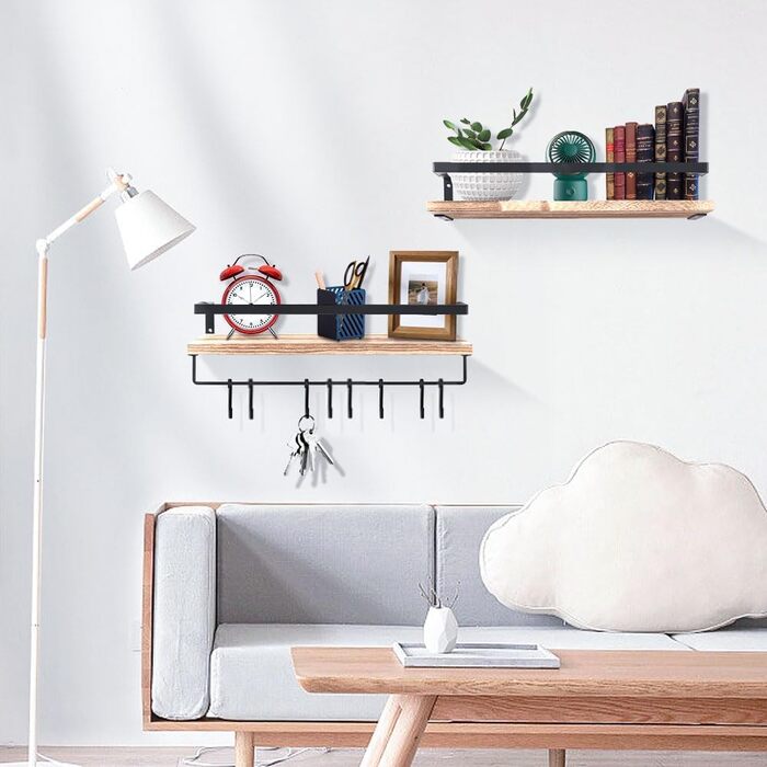 Набір підвісних полиць з дерева Uten (2 шт), рустикальна настінна полиця з тримачем для рушників, світло-коричнева — для ванної, кухні, вітальні та спальні