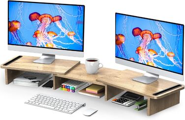 Підставка для монітора Zimilar Dual, з регулюванням висоти та кута нахилу, дерев'яна, для двох моніторів, з місцем для зберігання (великий розмір), колір: дуб