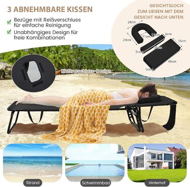 Лежак для відпочинку Costway з отвором для обличчя, розкладний, з 3 знімними подушками та регульованою спинкою, для саду та басейну (Чорний)