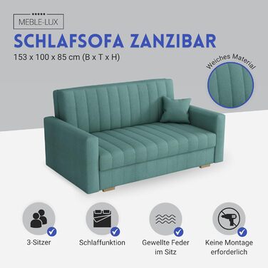 Диван-ліжко Zanzibar I 3-місний м'ятного кольору 153 см з ящиком для білизни та функцією сну | Диван з функцією ліжка