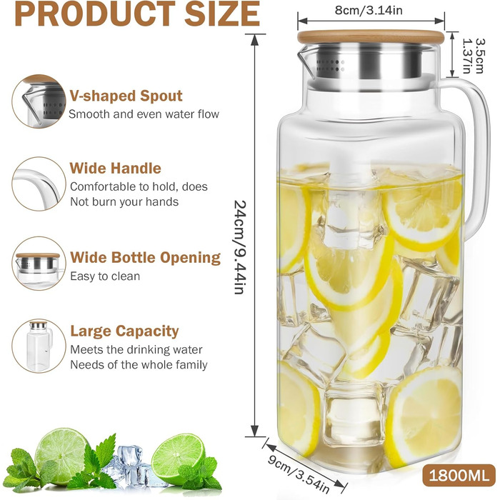 Скляна карафа Glaskaraffe 1,8 л з дерев'яним кришкою, 1800 мл. Ідеально для води, чаю, соків та молока. Зручний V-подібний носик для наливання.