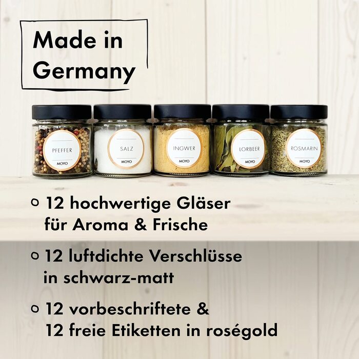 Баночки для спецій MOYO - набір з 12 шт. Зроблено в Німеччині - етикетки в комплекті - організація кухні, зберігання спецій (50 символів)