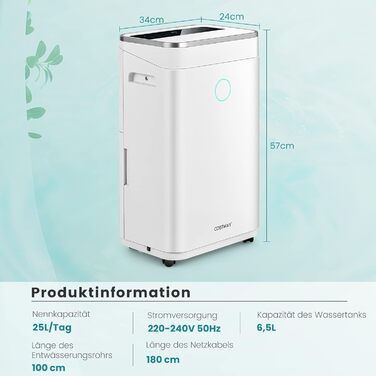 Електричний осушувач повітря COSTWAY 25L з 3 режимами, для приміщень до 30 м², об'єм бака 6,5 л, таймер 24 год, 2 швидкості, тихий режим (≤ 42 dB)