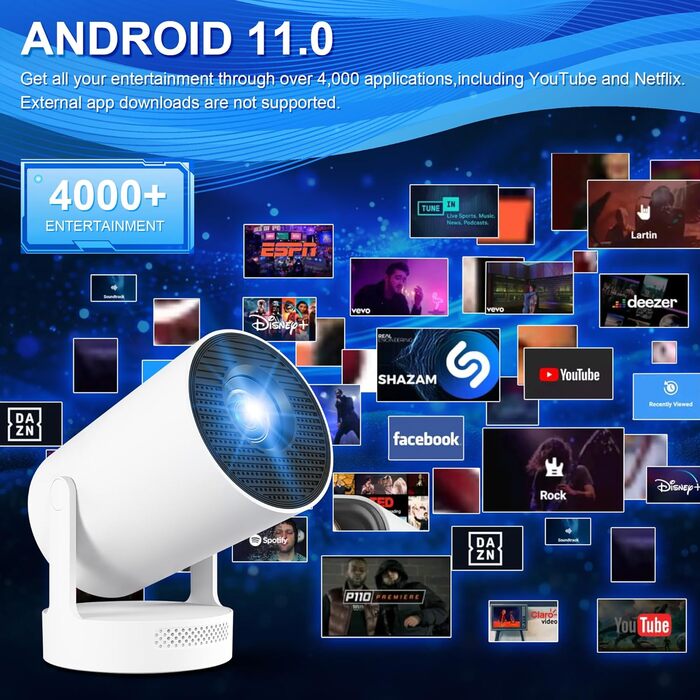 Портативний міні-проектор 4K з Wi-Fi 2.4/5G, Android 11, Full HD 1080P, HDMI, для телефону/ПК/ноутбука/Stick, зовнішній динамік (HY300Plus)