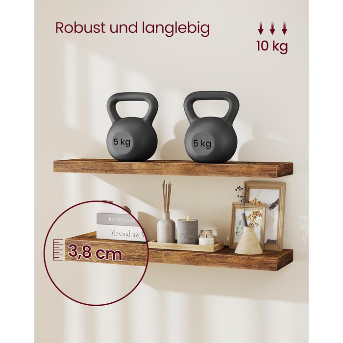 Настінна полиця VASAGLE, 2 шт., 20 x 80 x 3,8 см, вінтажний колір, для декору, фотографій, вітальні, кухні, офісу