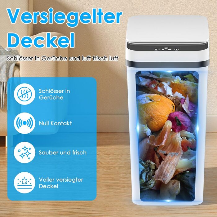 Набір з 2 електричних сміттєвих баків Dreamhigh® 12L з датчиком, автоматичним відкриванням, 3 режимами відкривання, тихим мотором та вологостійким корпусом для кухні, ванної кімнати, офісу, вітальні (білий)