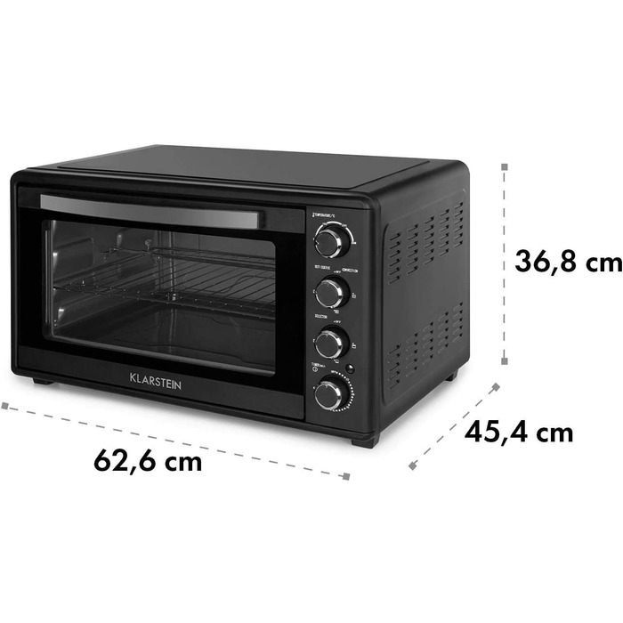 Міні-піч Klarstein Masterchef: 60 л, об'єм 60 літрів, з конвекцією, обертовим шампуром, таймером, подвійним склом, нагрівом зверху та знизу, з нержавіючої сталі, 2000 Вт, чорний колір