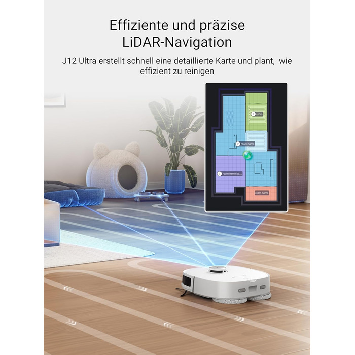 Робот-пилосос EUREKA J12 Ultra з функцією миття підлоги (самостійне очищення, прання та сушка), потужність всмоктування 5000Pa, обертова функція миття, Dual-LiDAR навігація, 3D уникнення перешкод, білий