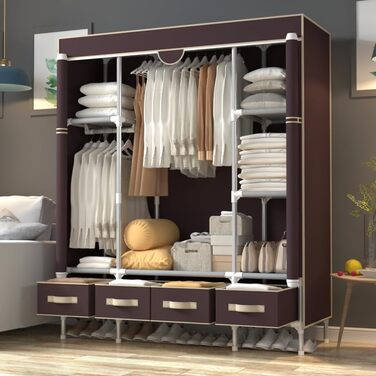 Тканинна шафа для спальні,Вішалка для одягу з висувними ящиками,Складна вішалка для одягу 150 x 45 x 170 см (кавово-коричневий)