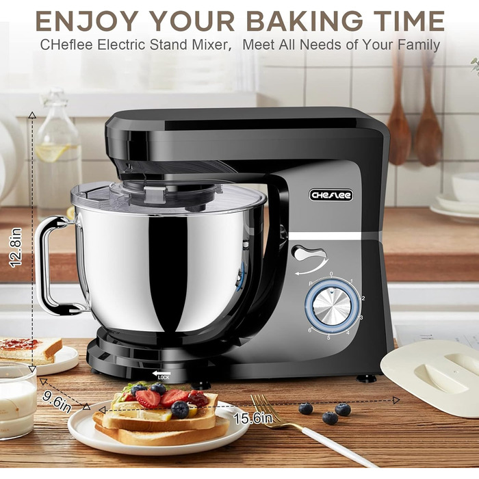 Кухонна машина Cheflee 2000W: потужна планетарна міксер для тіста та збивання, 6 швидкостей, 7.2 л чаша з нержавіючої сталі, гак та вінчик, захист від бризок, чорний