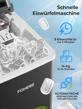 Льодогенератор Fohere портативний з ручкою, 14 кг/24 год, кулі 9 шт за 5 хв, 2 розміри, самоочищення, для дому, кухні, офісу, кемпінгу, вечірок