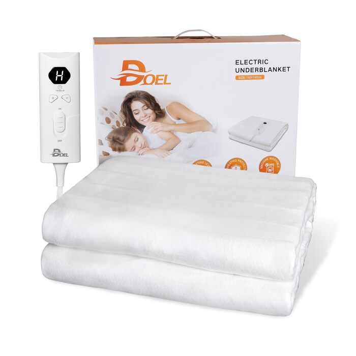 Електрична ковдра DOEL 160x140 см з 10 рівнями нагріву, таймером та функцією машинного прання, 220-230V, 115W, біла