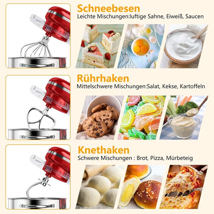 Кухонна машина AUMATE 1400W, 8 л, з міксером, гаком для тіста та вінчиком (червона)