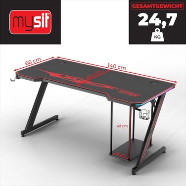 Ігровий стіл MY SIT Titan 140 см з підсвічуванням LED, тримачем для навушників, тримачем для ПК та напоїв, кабельною організацією, чорний