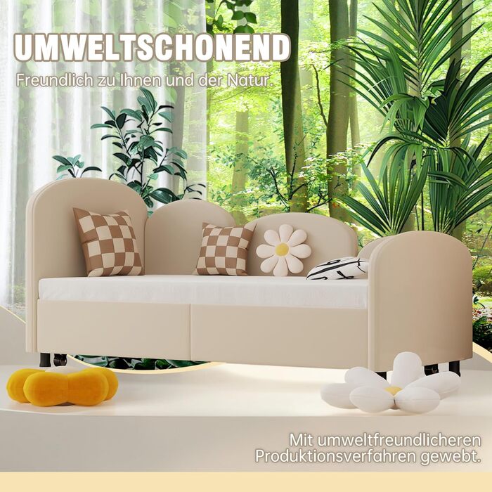 Дитяче ліжко-табурет 90x200 з висувним спальним місцем, ліжко-диван для підлітків, каркас без матраца, велюр, бежевий