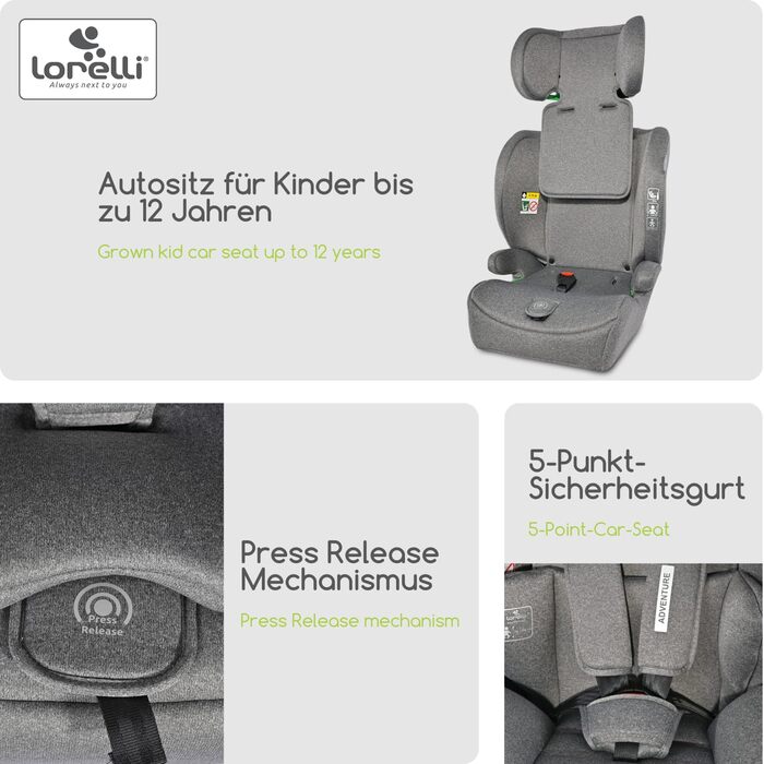 Автокрісло Lorelli Adventure i-Size 9-36кг, сіре - з регульованою підголівником та 5-точковим ременем безпеки