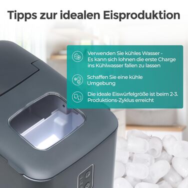 Льодогенератор KLAMER 24 кг/добу, 3 розміри льоду, 2.2л резервуар, 130W, тихий, сірий